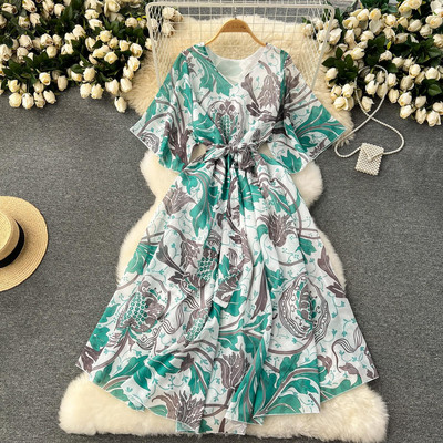 Moda vara noua rochie lunga din sifon femei imprimate flori rochii dama maxi rochie plaja femeie vacanta largi rochie rochie