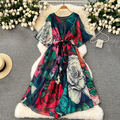 Moda vara noua rochie lunga din sifon femei imprimate flori rochii dama maxi rochie plaja femeie vacanta largi rochie rochie