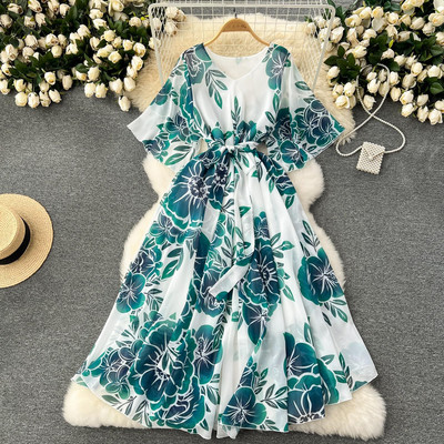 Moda vara noua rochie lunga din sifon femei imprimate flori rochii dama maxi rochie plaja femeie vacanta largi rochie rochie