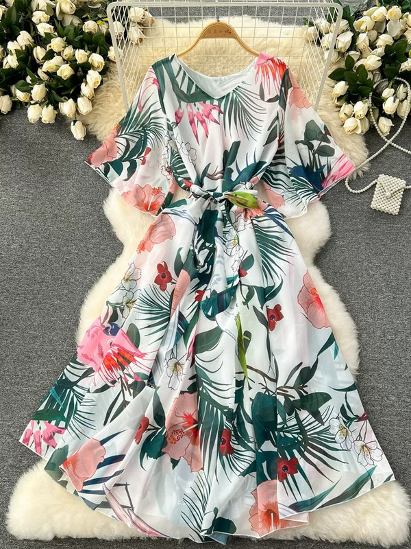 Moda vara noua rochie lunga din sifon femei imprimate flori rochii dama maxi rochie plaja femeie vacanta largi rochie rochie