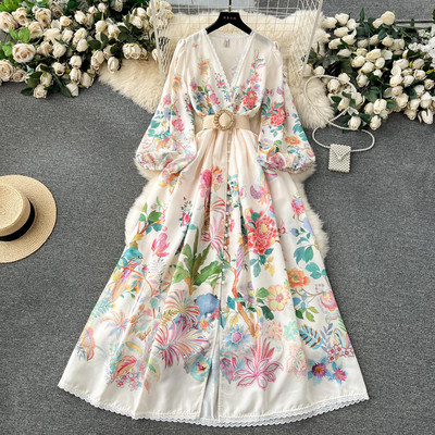Lusumily New Femei Rochie Lungă Elegantă Vestiment Palat Elegant Manecă Lungă Plajă Rochii din șifon Femei Vintage Rochie lungă de vacanță