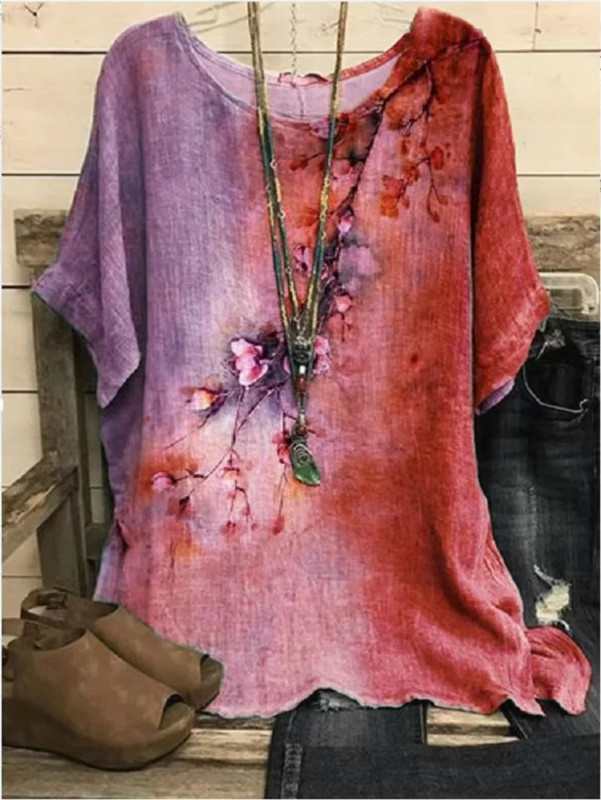 2023 nou guler rotund imprimeu flori top retro pulover vară lejer mâneci scurte tricou supradimensionat tricou modă S-5xl