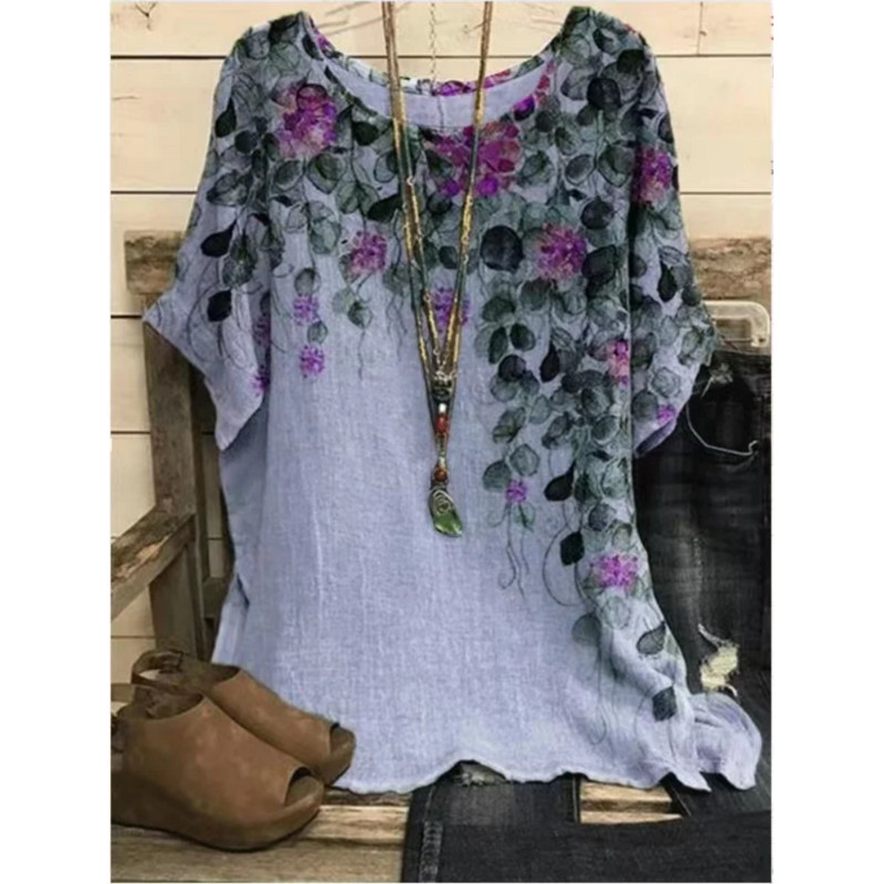 2023 nou guler rotund imprimeu flori top retro pulover vară lejer mâneci scurte tricou supradimensionat tricou modă S-5xl