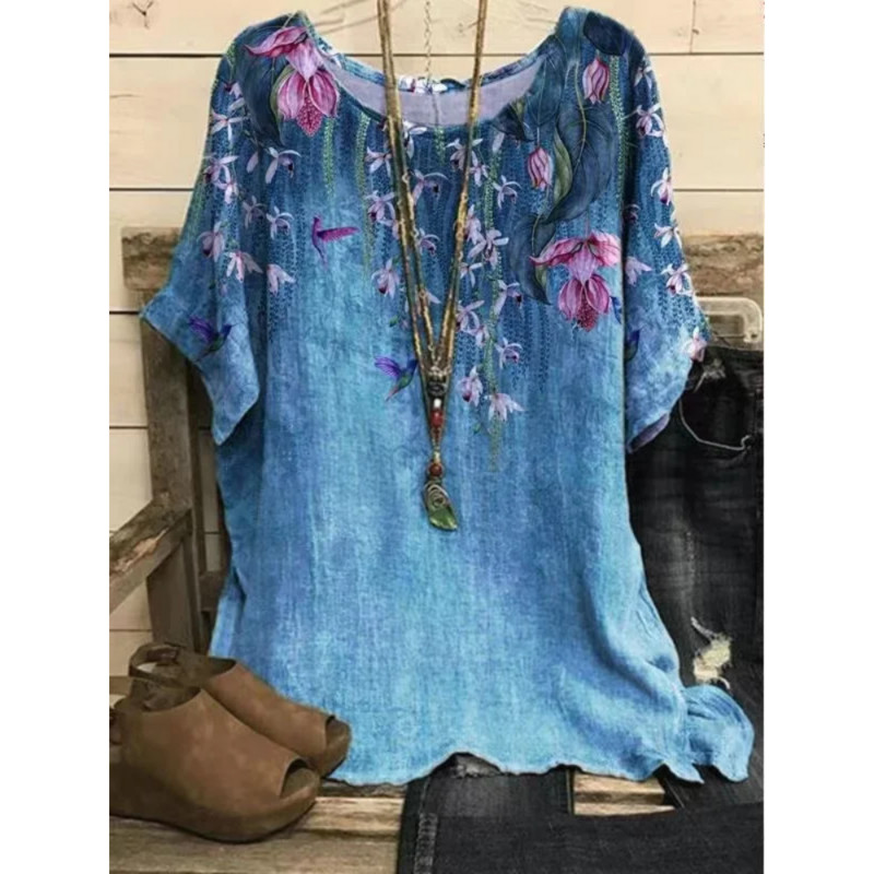 2023 nou guler rotund imprimeu flori top retro pulover vară lejer mâneci scurte tricou supradimensionat tricou modă S-5xl