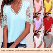 Tricou pentru femei Tricou cu dantelă, îmbinare, cu decolteu în V, cu mânecă scurtă, ocazional, confortabil, din țesătură din poliester Mărimi S-5xl