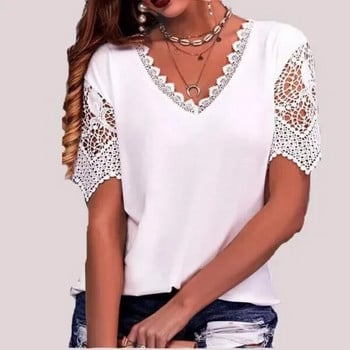 Γυναικείο T-shirt Lace Trim Splicing Loose V-λαιμόκοψη κοντό μανίκι T-shirt Casual Άνετο ύφασμα πολυεστέρα μεγέθη S-5xl