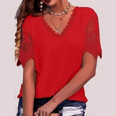 Tricou pentru femei Tricou cu dantelă, îmbinare, cu decolteu în V, cu mânecă scurtă, ocazional, confortabil, din țesătură din poliester Mărimi S-5xl