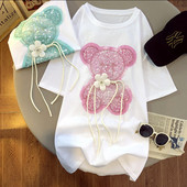 Tricouri pentru femei Moda coreeană de vară 100% bumbac Tricou cu mânecă scurtă Urs paiete Haine de designer Femei Topuri de lux S-4XL