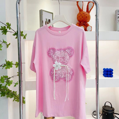 Tricouri pentru femei Moda coreeană de vară 100% bumbac Tricou cu mânecă scurtă Urs paiete Haine de designer Femei Topuri de lux S-4XL