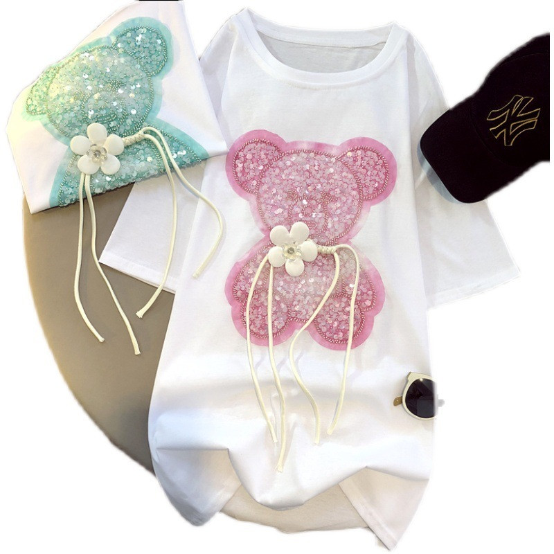 Tricouri pentru femei Moda coreeană de vară 100% bumbac Tricou cu mânecă scurtă Urs paiete Haine de designer Femei Topuri de lux S-4XL