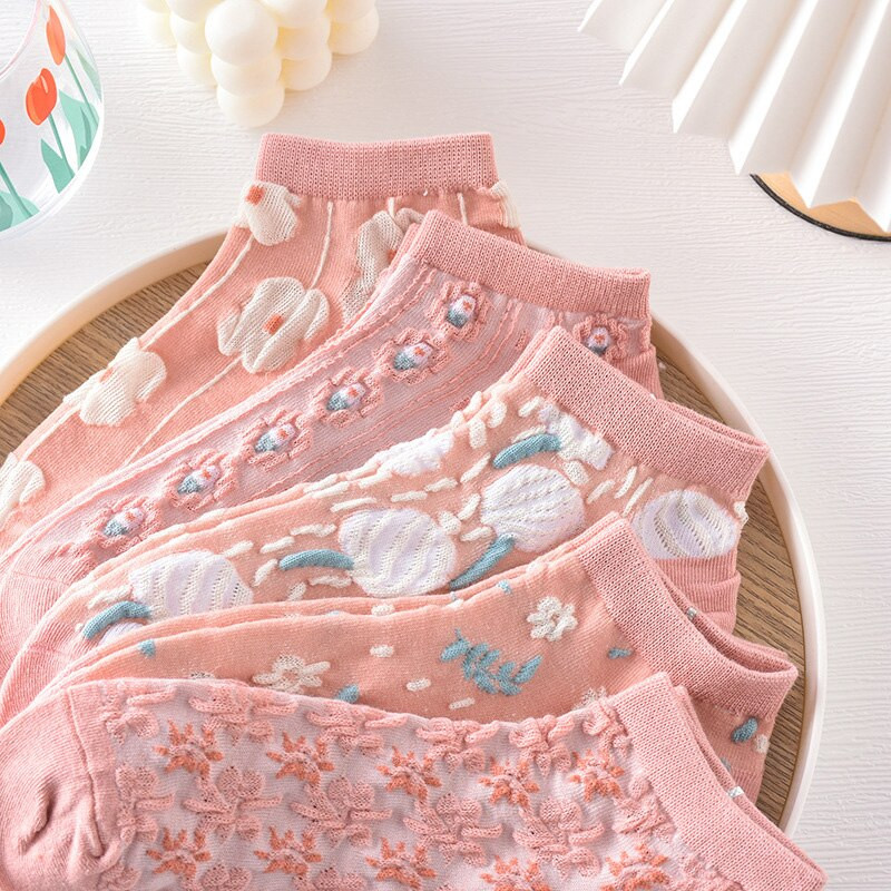 5 ζευγάρια Kawaii Cute Flower τρισδιάστατες κάλτσες αστραγάλου με υφή - Λεπτές γυναικείες κάλτσες σε vintage στυλ