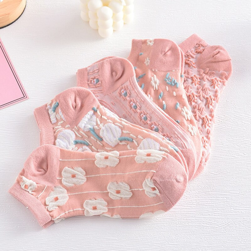 5 ζευγάρια Kawaii Cute Flower τρισδιάστατες κάλτσες αστραγάλου με υφή - Λεπτές γυναικείες κάλτσες σε vintage στυλ