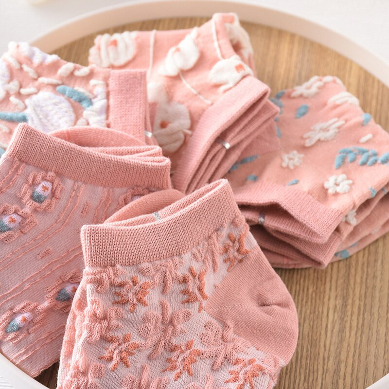 5 ζευγάρια Kawaii Cute Flower τρισδιάστατες κάλτσες αστραγάλου με υφή - Λεπτές γυναικείες κάλτσες σε vintage στυλ