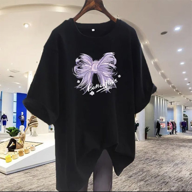 Pulover din bumbac pur pentru femeie, chic, mov, cu imprimeu, topuri de vară, cu mânecă scurtă, ocazional simplu, cu gâtul în formă de tricou M-6XL