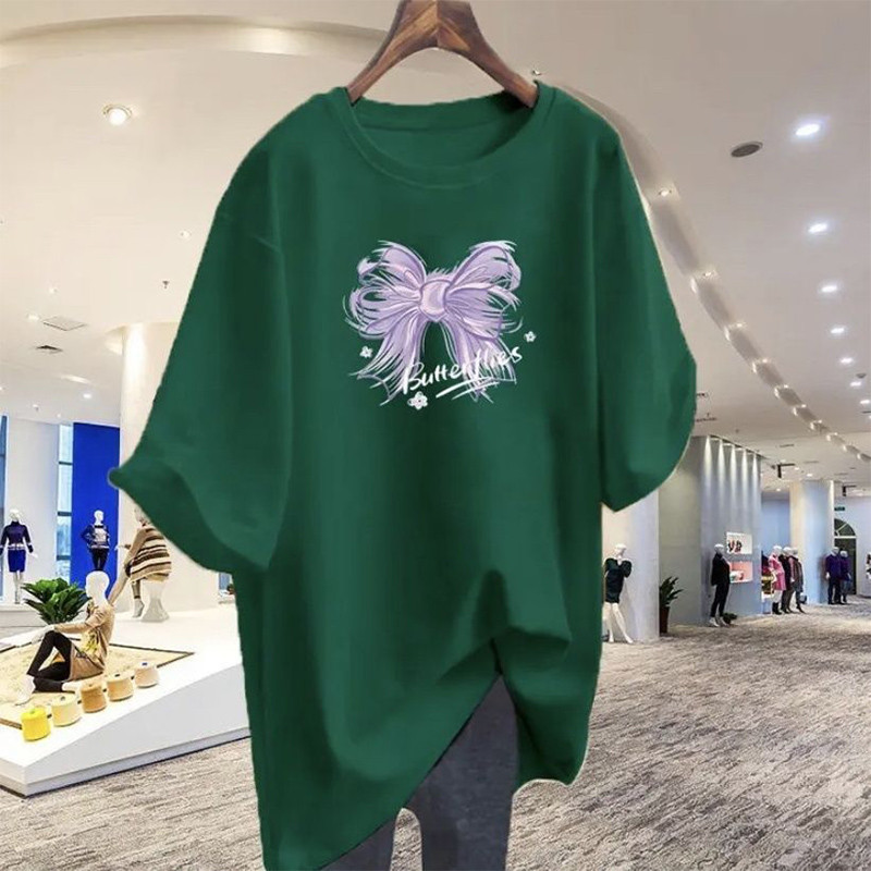 Pulover din bumbac pur pentru femeie, chic, mov, cu imprimeu, topuri de vară, cu mânecă scurtă, ocazional simplu, cu gâtul în formă de tricou M-6XL