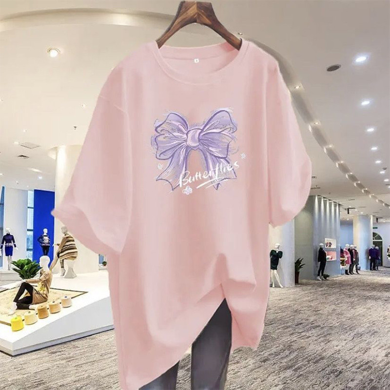 Pulover din bumbac pur pentru femeie, chic, mov, cu imprimeu, topuri de vară, cu mânecă scurtă, ocazional simplu, cu gâtul în formă de tricou M-6XL