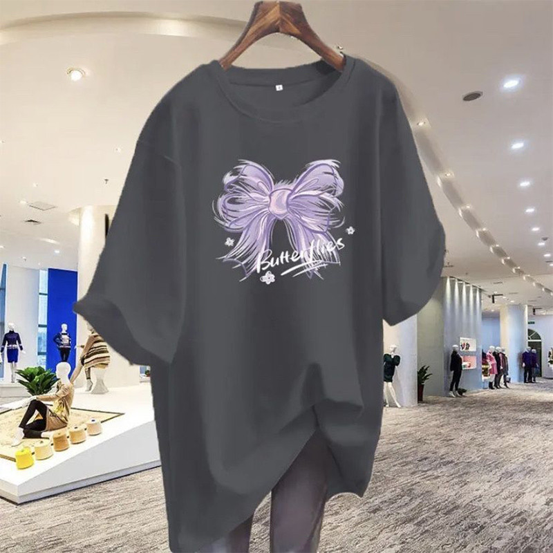 Pulover din bumbac pur pentru femeie, chic, mov, cu imprimeu, topuri de vară, cu mânecă scurtă, ocazional simplu, cu gâtul în formă de tricou M-6XL