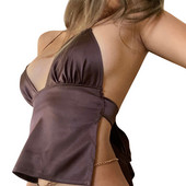 Sieviešu topi ar dziļu V kakla izgriezumu zīda kaklasaite ar muguru Kamzols vasaras satīna blūzes bez piedurknēm Y2K Sexy Halter Cami Krekli