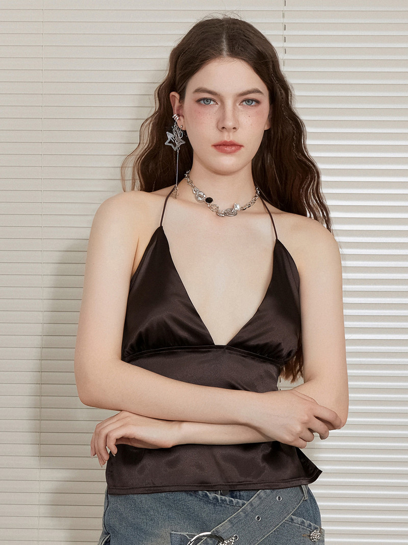 Sieviešu topi ar dziļu V kakla izgriezumu zīda kaklasaite ar muguru Kamzols vasaras satīna blūzes bez piedurknēm Y2K Sexy Halter Cami Krekli