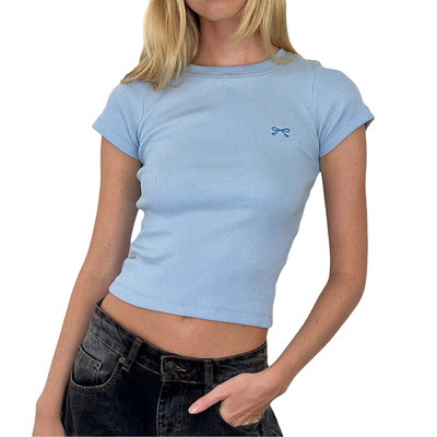 Γυναικεία καλοκαιρινά κοντομάνικα ρούχα Grunge με στρογγυλή λαιμόκοψη λεπτή μπλούζα με φιόγκο Y2K Κέντημα με ραβδώσεις