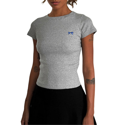 Γυναικεία καλοκαιρινά κοντομάνικα ρούχα Grunge με στρογγυλή λαιμόκοψη λεπτή μπλούζα με φιόγκο Y2K Κέντημα με ραβδώσεις