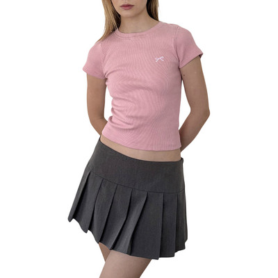 Γυναικεία καλοκαιρινά κοντομάνικα ρούχα Grunge με στρογγυλή λαιμόκοψη λεπτή μπλούζα με φιόγκο Y2K Κέντημα με ραβδώσεις