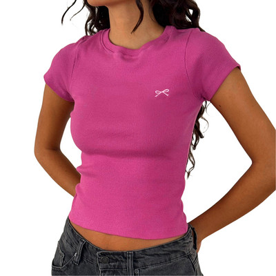 Γυναικεία καλοκαιρινά κοντομάνικα ρούχα Grunge με στρογγυλή λαιμόκοψη λεπτή μπλούζα με φιόγκο Y2K Κέντημα με ραβδώσεις