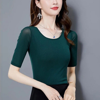 7 цвята Размер S-3XL Цветни мрежести женски блузи с О-образно деколте Прозрачна тънка тениска с къс ръкав и О-образно деколте Дамски горнища с половин ръкав