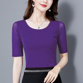 7 цвята Размер S-3XL Цветни мрежести женски блузи с О-образно деколте Прозрачна тънка тениска с къс ръкав и О-образно деколте Дамски горнища с половин ръкав