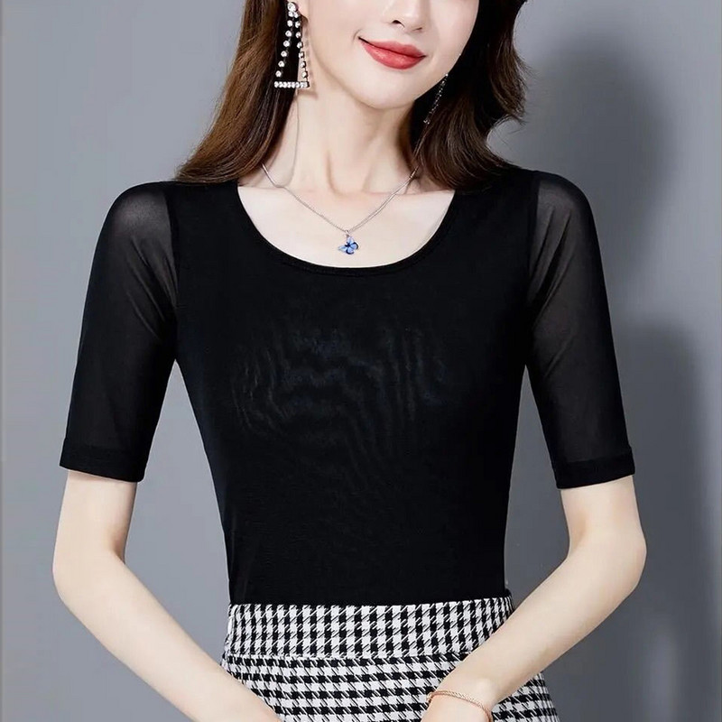 7 boja, veličina S-3XL, šarene mrežaste ženske bluze s O izrezom, prozirne tanke majice kratkih rukava s O izrezom, ženske majice do pola rukava