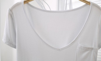 S-4XL Дамска тениска Ежедневна плътна модална тениска с V-образно деколте и къс ръкав Едноцветни тънки ризи Свободен стил с горна част