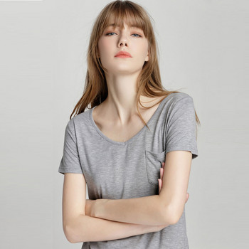 S-4XL Дамска тениска Ежедневна плътна модална тениска с V-образно деколте и къс ръкав Едноцветни тънки ризи Свободен стил с горна част