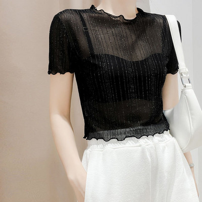 Cămașă scurtă strălucitoare pentru femei, primăvară, vară, petrecere, negru, alb, albastru, cu mânecă scurtă, bluze subțiri sexy pentru femei