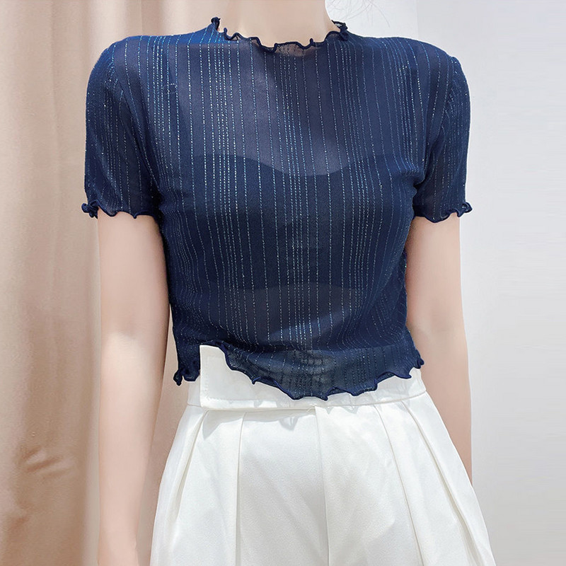 Cămașă scurtă strălucitoare pentru femei, primăvară, vară, petrecere, negru, alb, albastru, cu mânecă scurtă, bluze subțiri sexy pentru femei