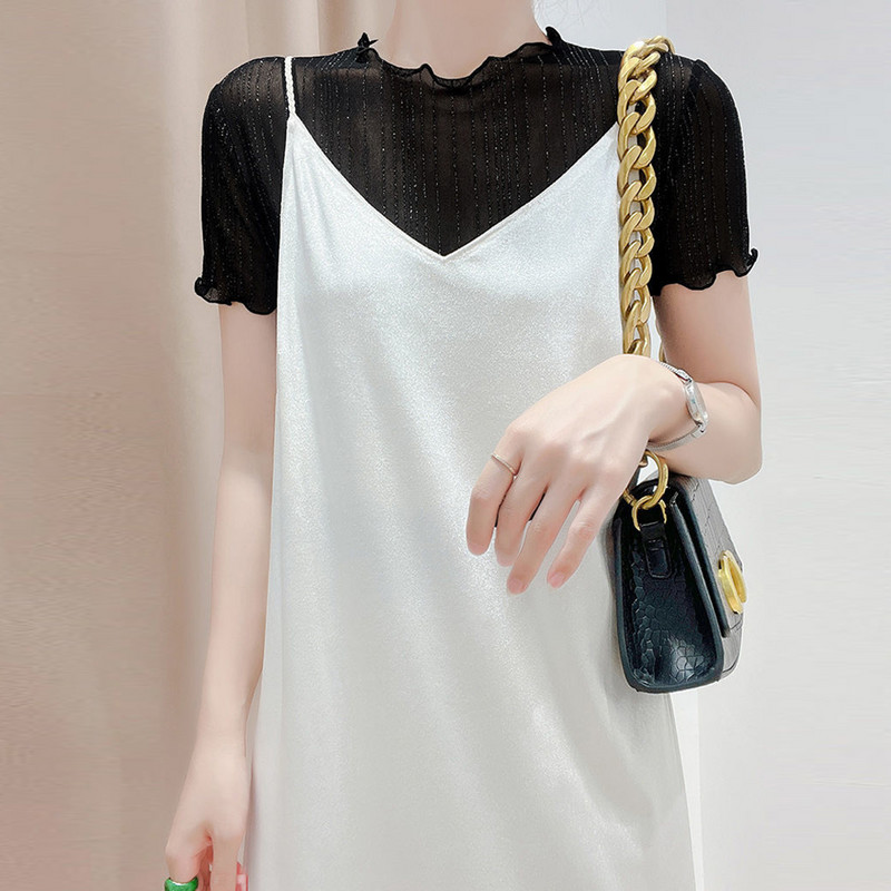 Cămașă scurtă strălucitoare pentru femei, primăvară, vară, petrecere, negru, alb, albastru, cu mânecă scurtă, bluze subțiri sexy pentru femei