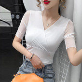 Tavaszi Nyári Slim Stretch póló Női V nyakú rövid ujjú felsők Piros Fekete Fehér Szín SML XL 2XL 3XL 4XL Női szexi pólók