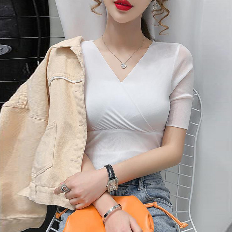 Tavaszi Nyári Slim Stretch póló Női V nyakú rövid ujjú felsők Piros Fekete Fehér Szín SML XL 2XL 3XL 4XL Női szexi pólók