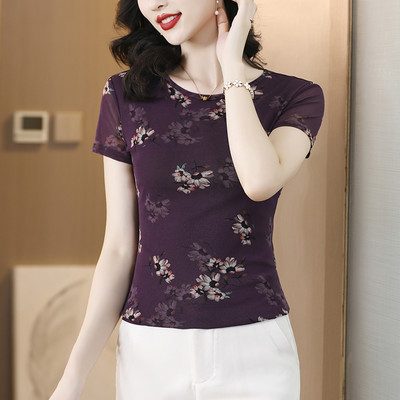 Tricou cu flori de vară cu imprimeu de stradă, tricou cu mânecă scurtă pentru femei, cu gâtul în formă de zână, tricou pentru femei, vintage, subțire, cu plasă subțire