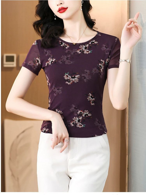 Tricou cu flori de vară cu imprimeu de stradă, tricou cu mânecă scurtă pentru femei, cu gâtul în formă de zână, tricou pentru femei, vintage, subțire, cu plasă subțire