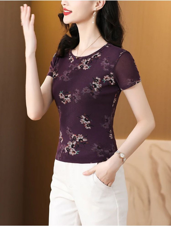 Tricou cu flori de vară cu imprimeu de stradă, tricou cu mânecă scurtă pentru femei, cu gâtul în formă de zână, tricou pentru femei, vintage, subțire, cu plasă subțire