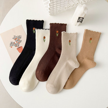 Нови есенни дамски чорапи за 2024 г. Флорална бродерия Японски кавайни сладки чорапи Корейски стил Плътен цвят Harajuku Vintage Crew Socks