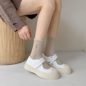 Нови есенни дамски чорапи за 2024 г. Флорална бродерия Японски кавайни сладки чорапи Корейски стил Плътен цвят Harajuku Vintage Crew Socks