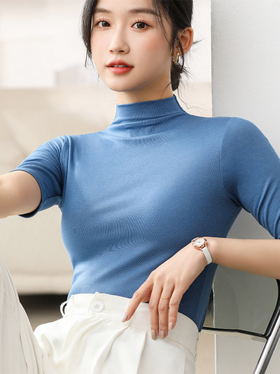 Γυναικείο κοντομάνικο μπλουζάκι με μισό ζιβάγκο, λεπτό, μονόχρωμο, μονόχρωμο μπλουζάκι με μονόχρωμο, μονόχρωμο πουκάμισο με πάτο, ψηλό δρόμο, γυναικεία μπλούζα