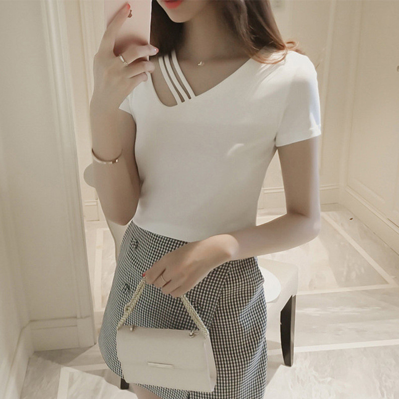 Y2K Seksikas T-särk Naiste suvine V-kaelusega T-särk Femme Solid Slim lühikeste varrukatega Sport Mood T-särk, Naiste riided Top