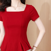 Ženske majice kratkih rukava Ljeto u korejskom stilu Ženska majica kratkih rukava s četvrtastim izrezom i kratkim rukavima, ženska rastezljiva majica kratkih rukava