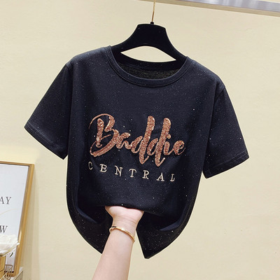 Vara 2022, tricou cu mânecă scurtă, cu gât rotund, cu fundul, din bumbac pur, cu paiete, cu cristale, pentru femei S-4XL