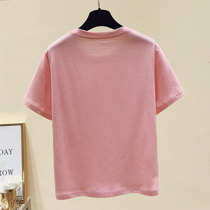 Vara 2022, tricou cu mânecă scurtă, cu gât rotund, cu fundul, din bumbac pur, cu paiete, cu cristale, pentru femei S-4XL