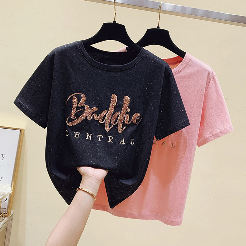 Vara 2022, tricou cu mânecă scurtă, cu gât rotund, cu fundul, din bumbac pur, cu paiete, cu cristale, pentru femei S-4XL