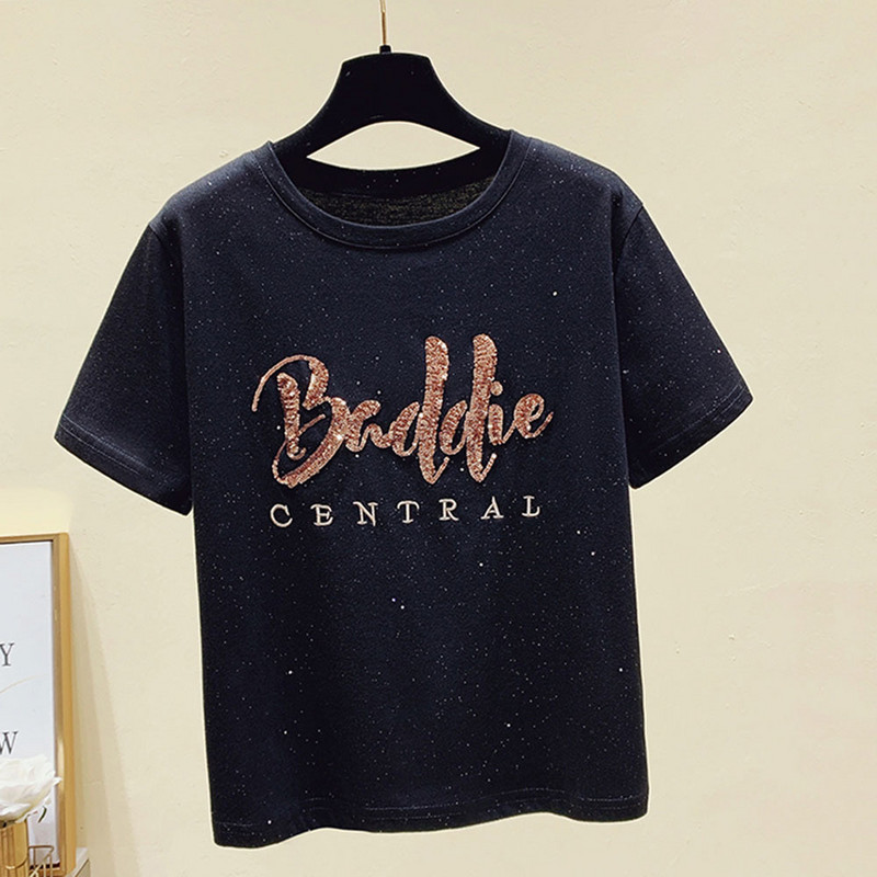 Vara 2022, tricou cu mânecă scurtă, cu gât rotund, cu fundul, din bumbac pur, cu paiete, cu cristale, pentru femei S-4XL