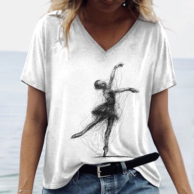 Ženske prevelike majice s V-izrezom, kratkim rukavima, majica kratkih rukava, jednostavnost s 3d printom, odjeća za van, odjevna odjeća, ljetni pulover